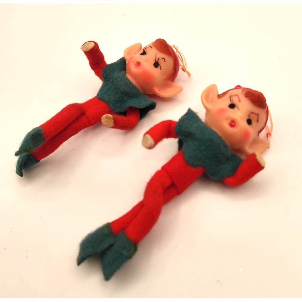 Knee Hugger Christmas Felt Elf Pixie Pair Ornaments Vintage Japan Set of 2